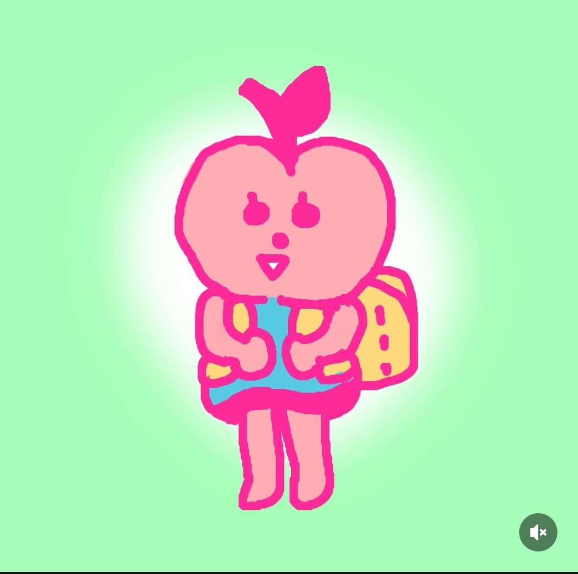 A pink, thick-outlined Sagwa wearing a blue dress and a yellow backpack on a glowing mint background.