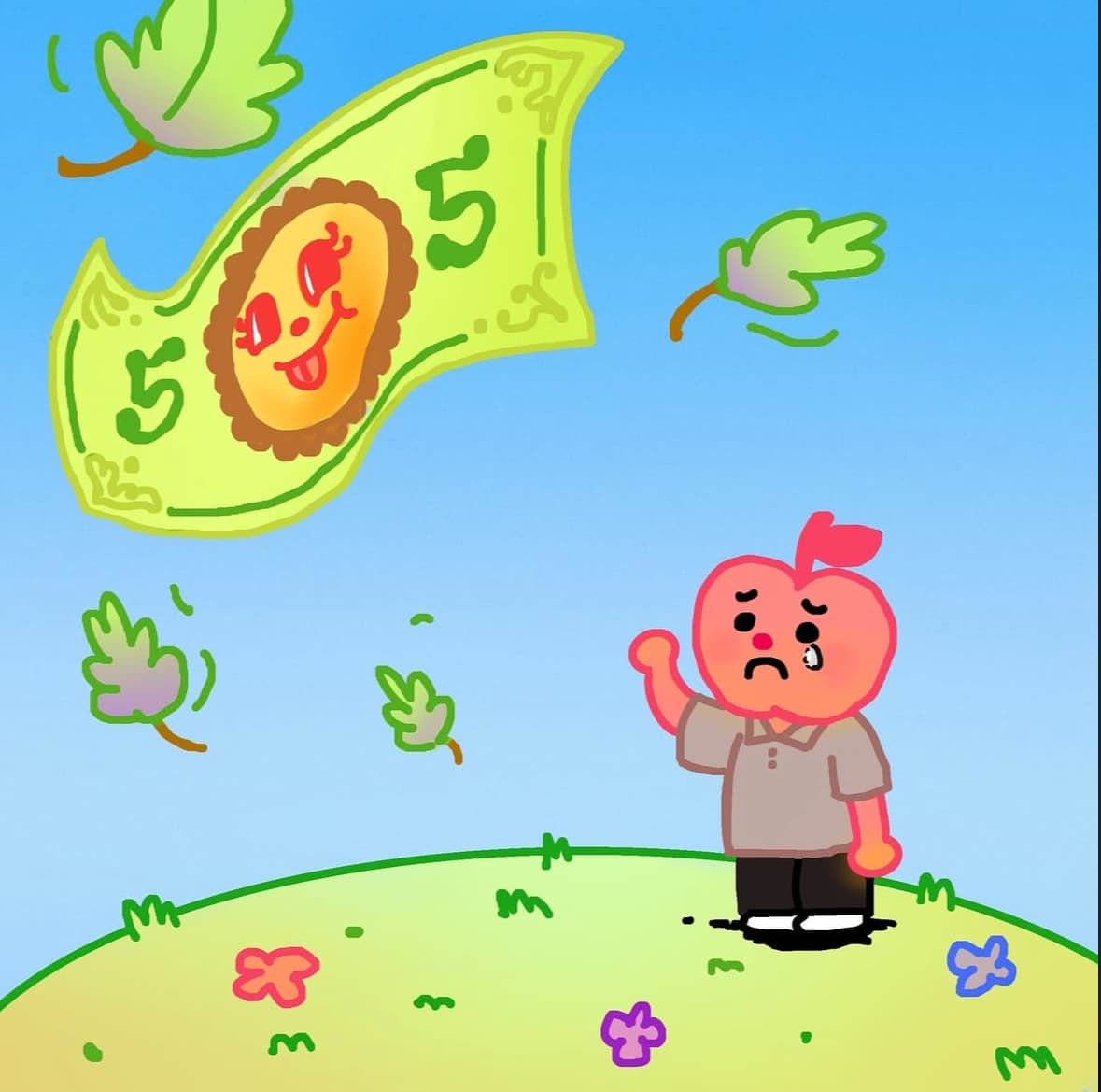 A teary Sagwa on a grassy hill waving at a five-dollar bill with a grinning face that flies away with the leaves.